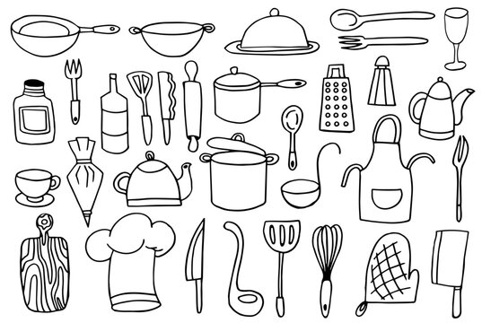 Premium Vector  Set of kitchen utensils and food vector illustration hand  drawing doodles