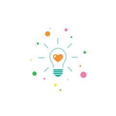 bulb with rays and orange heart inside. flat icon. Isolated on white. New business idea. New technology. Idea. Design thinking. Vector illustration. love technology