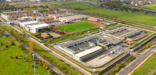 Aerial view of an American football training field in Italy.