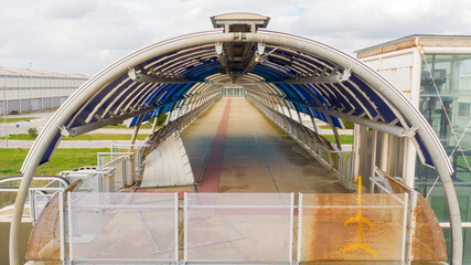 Aerial view of large covered tunnel.