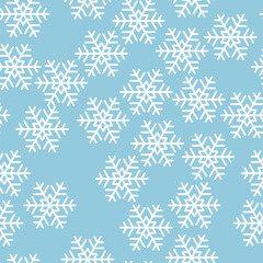 Winter seamless pattern with white snowflakes on blue background. Vector illustration for fabric, textile wallpaper, posters, gift wrapping paper. Christmas vector illustration. Falling snow