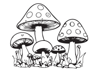 Mushrooms in cartoon black and white style for coloring. Vector illustration