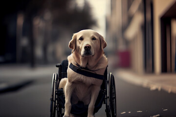 Glücklicher Hund im Rollstuhl auf der Straße - Generative Ai