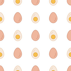 Boiled chicken eggs in the shell and cut eggs with yolk. Simple line with fill style, seamless pattern.