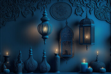 Generative Ai of Ramadan kareem themed illustration with blue wall and lamps	
