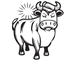 Bull in cartoon black and white style for coloring. Vector illustration
