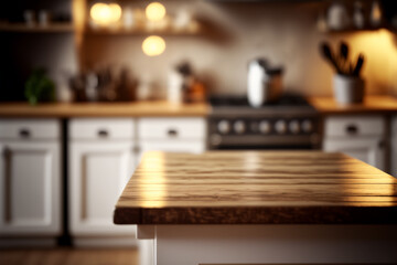 Blurred modern kitchen interior and desk space and outstanding furniture.	Generative Ai. 