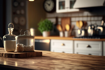 Obraz na płótnie Canvas Blurred modern kitchen interior and desk space and outstanding furniture. Generative Ai. 