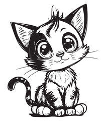 Cute kitten in cartoon black and white style for coloring. Vector illustration
