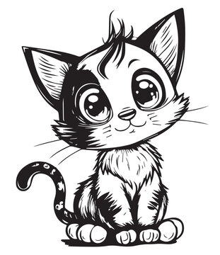 Cute kitten in cartoon black and white style for coloring. Vector illustration