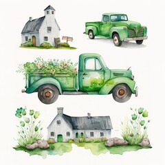 old vehicle with plants , watercolor painted green - generative AI	
