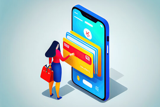 Mobile payment with wallet app technology woman paying and shopping with smartphone application, business and technology concept, Generative AI