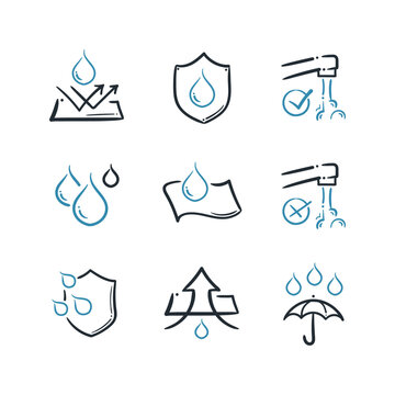Set of Waterproof Line Icons Doodles. Hand Drawn Drop Warning, Moisture Resistant Textile, Wash under water.
