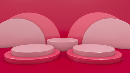 3d round podium and pink red background for products display stand mockup