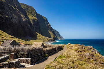 Achadas da Cruz, Madeira, Portugal. The coastal walking path in the small village with the steepest cable car in Europe.