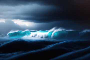 Fototapeta na wymiar Des vagues bleues dans l'océan dans un ciel sombre - generative IA