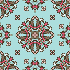 Seamless stars and squares tiled background pattern vector design in vintage style. Ceramic mosaic art.