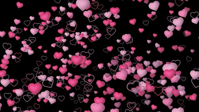 Valentine love hearts falling, large particles pink with black background seamless loop