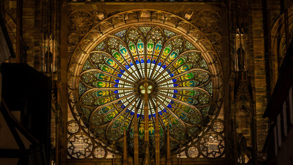 Strasbourg's Cathedral rose window at night In Strasbourg in France on January 2023