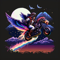 pixel art of a biker who flies his bike across the bridge