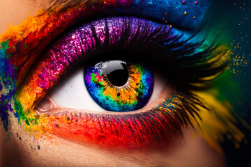 Large close-up of a female eye painted with paints and sprinkled with colored powder, generative ai