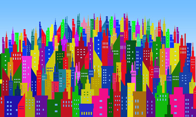 Different sizes of colorful buildings that are joined together to look like part of the city