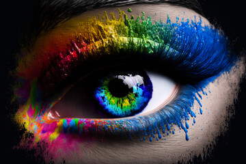 Large close-up of a female eye painted with paints and sprinkled with colored powder, generative ai