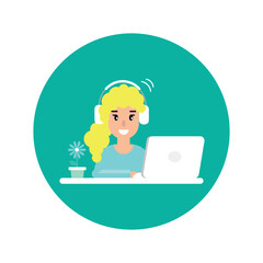 cute freelancer girl on computer with earphones.