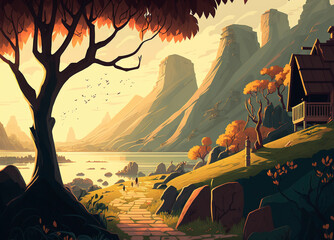 Beautiful landscape with big Mountains and Valleys created using Generative AI technology - Landscape, Digital art, Concept art