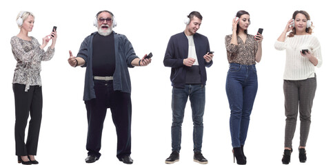 group of people in headphones and phone isolated