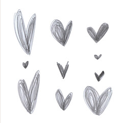 A set of black graphic hearts. Hand-drawn with colored pencils, the base is highlighted on a white background, the elements are ideal for postcards, romance, love, wedding, Valentine's day.