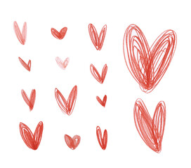 A set of red graphic hearts. Hand-drawn with colored pencils,foundation highlighted on a white background, the elements are perfect for postcards, romance, love, wedding, Valentine's day