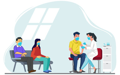 Lady Doctor injecting Coronavirus Vaccine to a Patient. Vector illustration. 