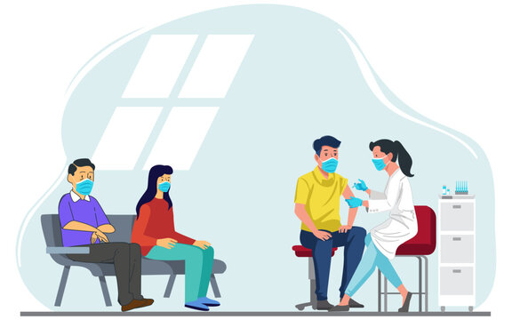 Lady Doctor injecting Coronavirus Vaccine to a Patient. Vector illustration. 