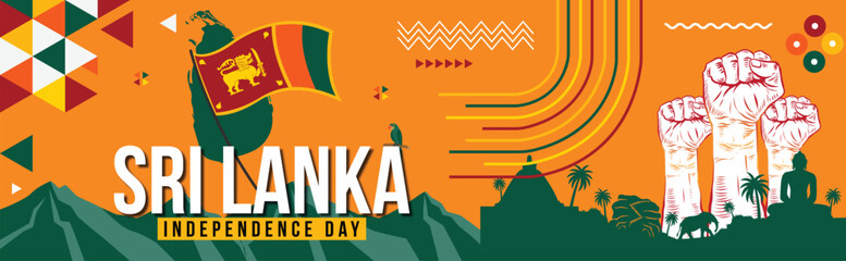 Sri lanka national day banner for independence day with Text, srilankan flag theme colorful icons and nature landscape. Abstract geometric banner for the national day of sri lanka Vector Design