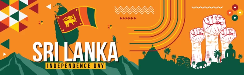 Foto op Aluminium Sri lanka national day banner for independence day with Text, srilankan flag theme colorful icons and nature landscape. Abstract geometric banner for the national day of sri lanka Vector Design © Graphic040