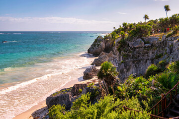 Caribbean Beach at the Mayan Ruins in Tulum at the Tulum Archeological Zone