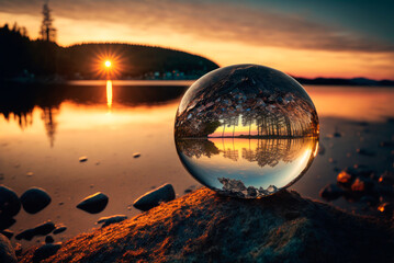 Sphere with internal light in a natural landscape at sunset. Generative AI