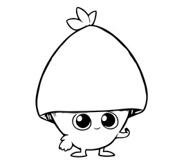 An acorn with a face in a cartoon black and white style for coloring. Vector illustration
