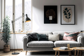 Natural light interior room - frame mock-up, lamp, grey couch, white wall room