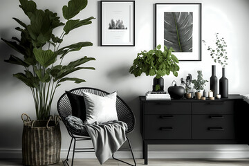 modern living room dark tones - plants, vase on dark cabinets, white wall, plants on ground, cozy chair