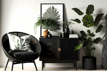 Modern Scandinavian living room interior - mock-up poster frame, vase, elegant accessories, dark cabinets, plants