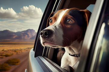 Naklejka premium glücklicher Hund, der den Kopf aus dem Autofenster streckt und Spaß hat - Generative Ai