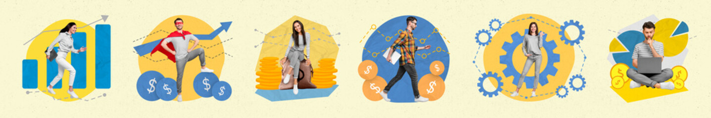 Creative collection collage of diversity people earn money profit success achievement invest trade...