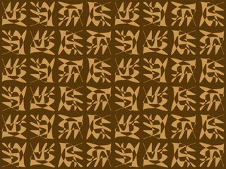 brown, beige fantasy figures in rhythm on brown background, for clothes, blankets or tablecloths and wrapping paper