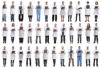 full length group of doctors with notepad isolated