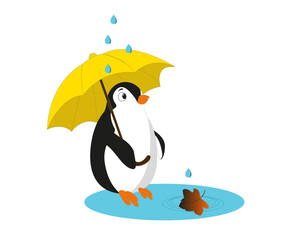 Cartoon penguin with a yellow umbrella in the rain. Flat vector illustration