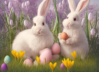 Fototapeta premium Two white Easter bunnies in a colorful garden full of spring flowers