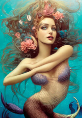 Sensual mermaid underwater with flowers in her flowing hair weaing a fishnet dress