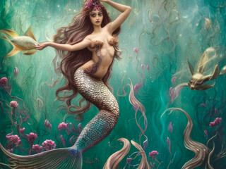 Mermaid with long, flowing hair and a shimmering fishtail, adding to her enchanting appearance